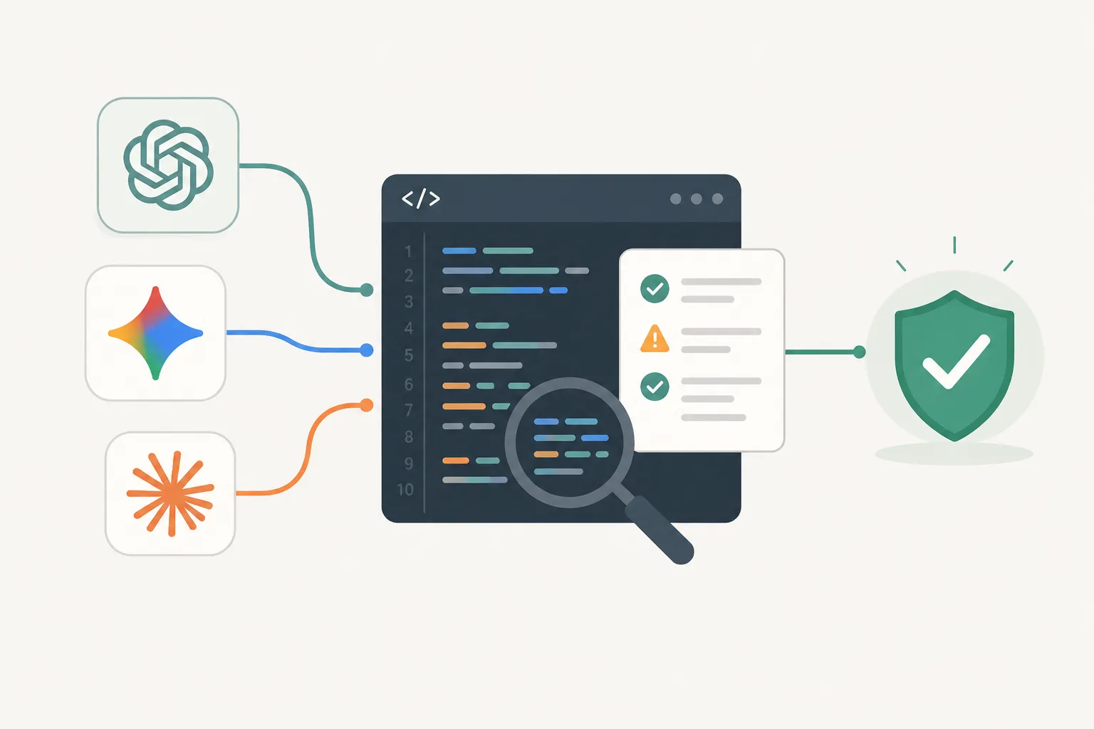 Three AI assistants feeding code into an editor window, with a magnifying glass and a review checklist between the generated code and a green approved shield